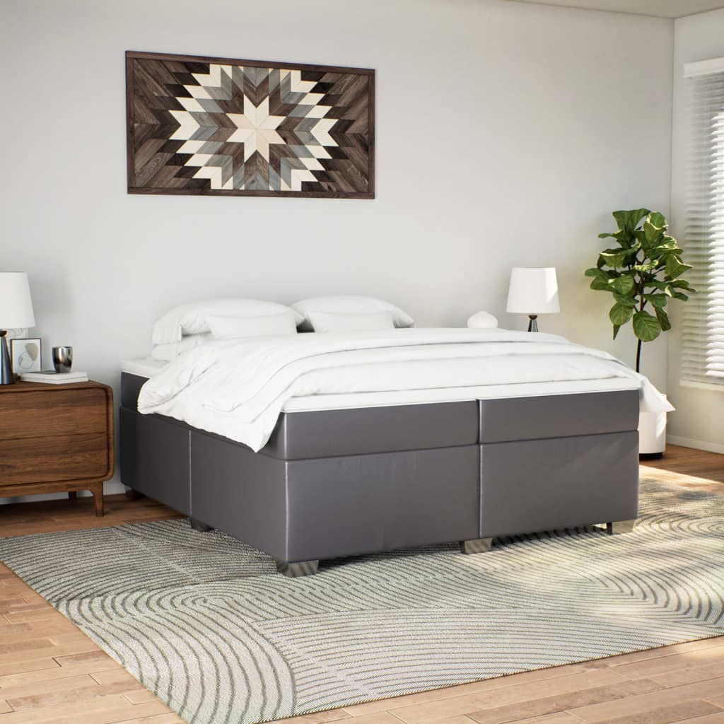 Cama com molas/colchão 200x200 cm couro artificial cinzento