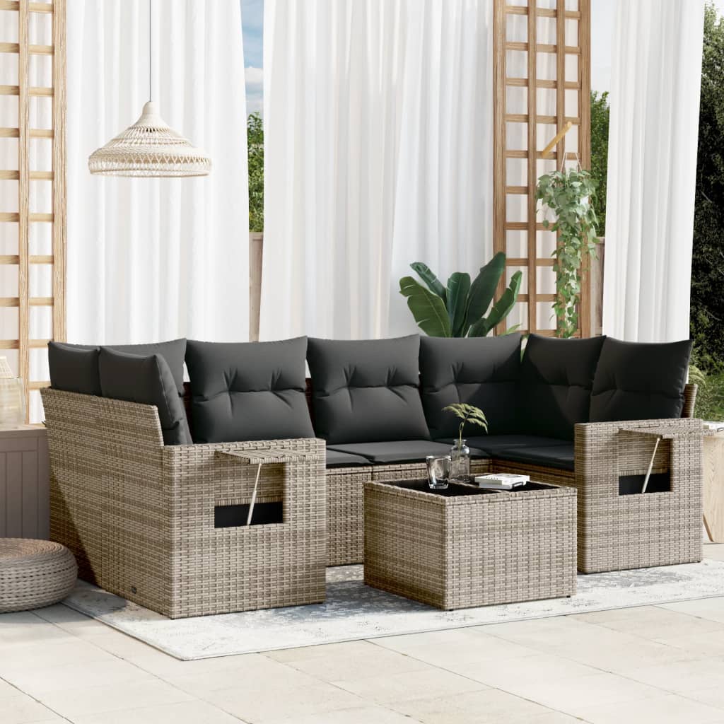 7 Pcs conjunto sofás p/ jardim c/ almofadões vime PE cinzento
