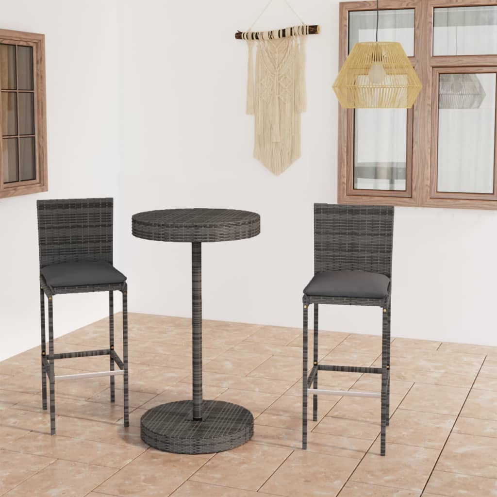 3 Pcs conjunto de bar p/ jardim c/ almofadões vime PE cinzento