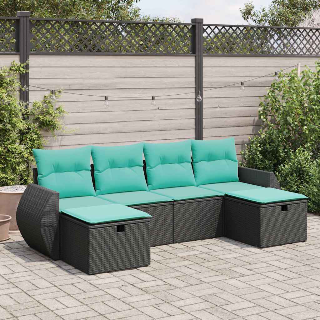 6 Pcs conjunto sofás de jardim c/ almofadões vime PE preto