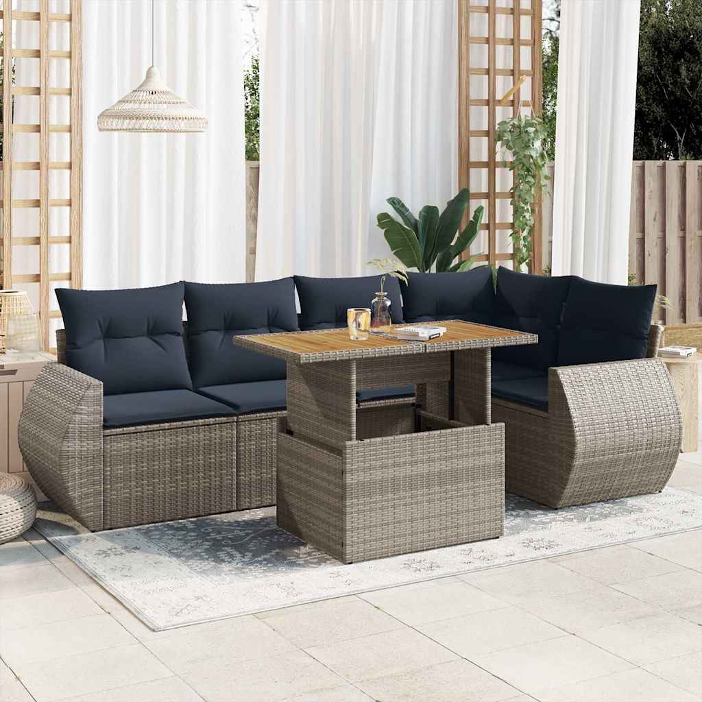 6 Pcs conjunto sofás de jardim com almofadões vime cinzento