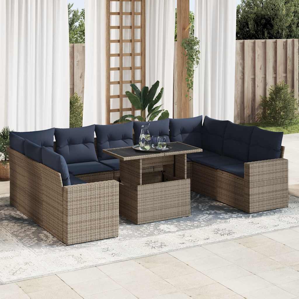 10 Pcs conjunto sofás jardim almofadões vime PE/acácia cinzento