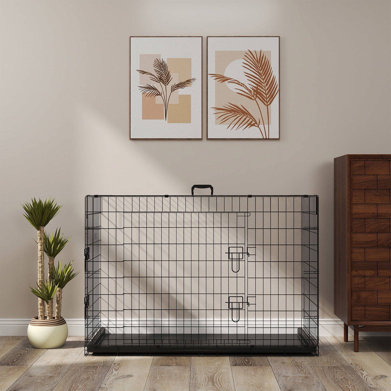 Gaiola para cães com 2 portas gaiola para animais de estimação de arame dobrável com alça de transporte aço 76x46x52cm preto