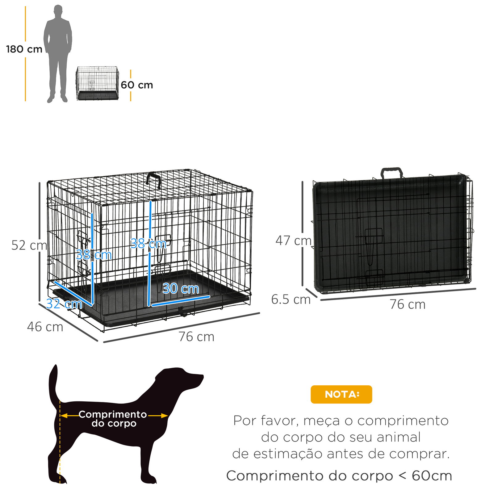 Gaiola para cães com 2 portas gaiola para animais de estimação de arame dobrável com alça de transporte aço 76x46x52cm preto