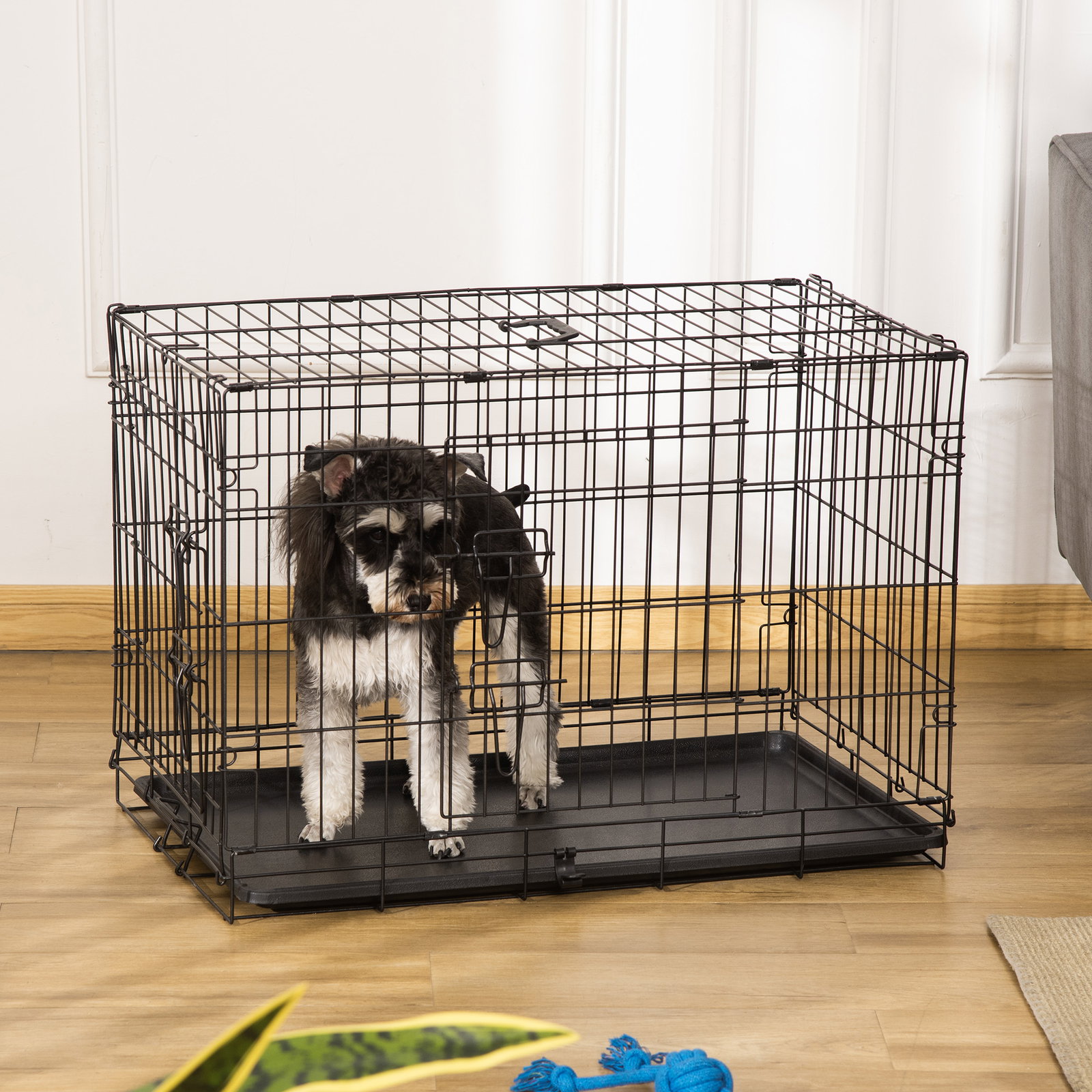 Gaiola para cães com 2 portas gaiola para animais de estimação de arame dobrável com alça de transporte aço 76x46x52cm preto