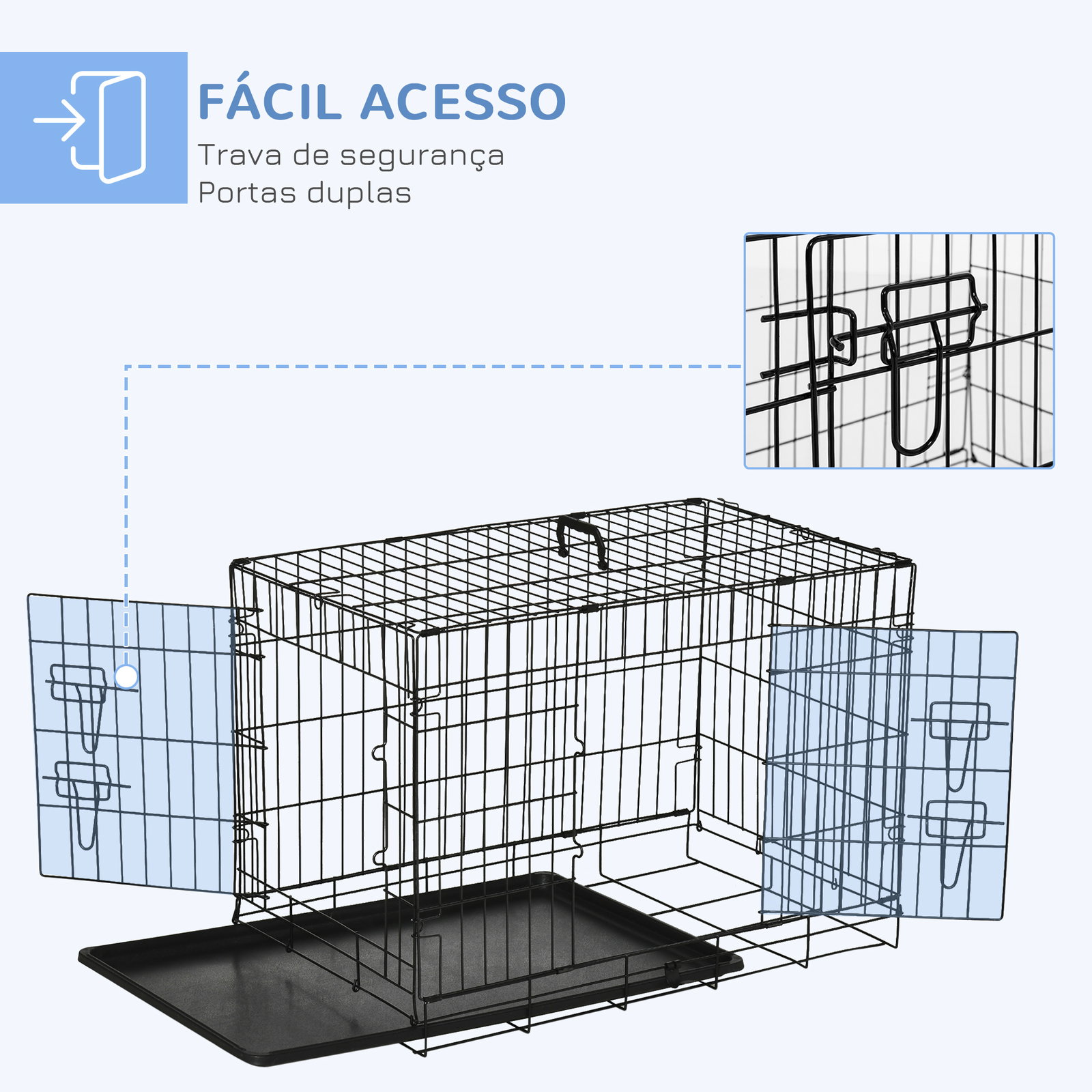 Gaiola para cães com 2 portas gaiola para animais de estimação de arame dobrável com alça de transporte aço 76x46x52cm preto