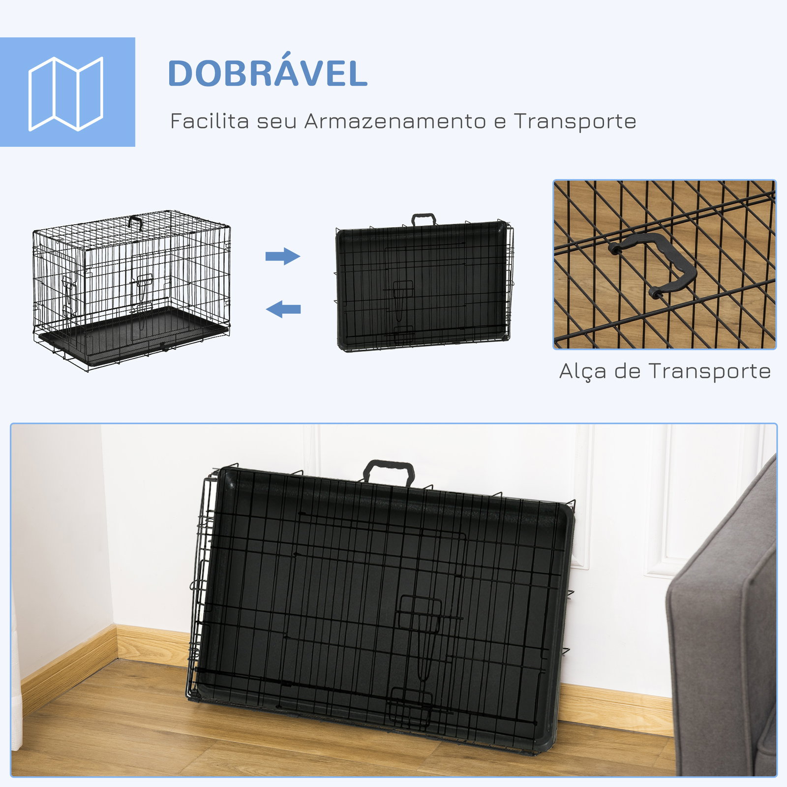 Gaiola para cães com 2 portas gaiola para animais de estimação de arame dobrável com alça de transporte aço 76x46x52cm preto