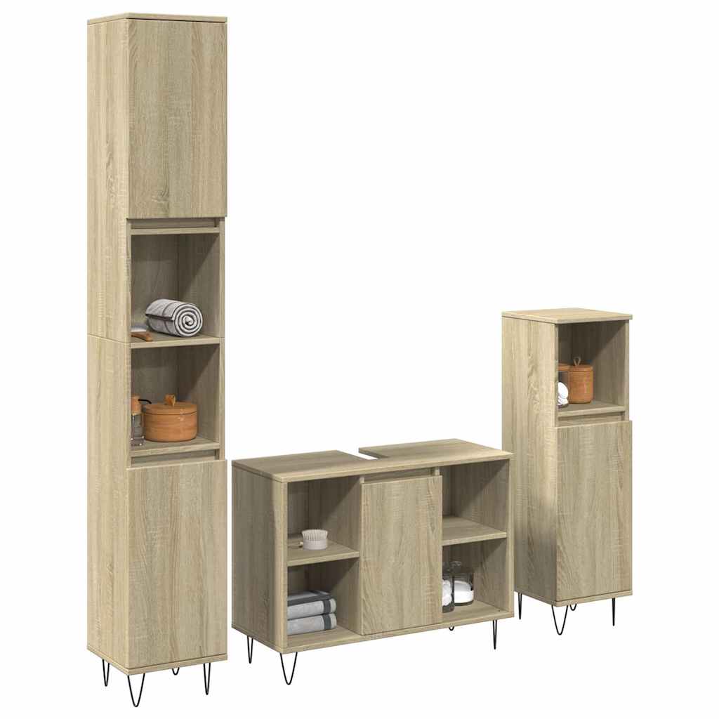 3 Pcs conj. móveis casa banho derivados madeira carvalho sonoma