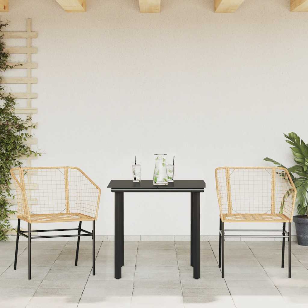 Conjunto jantar jardim 3 peças vidro vime PE castanho