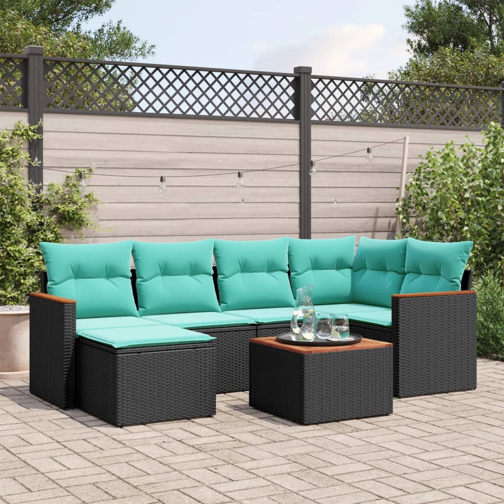 Conjunto de sofá de jardim com 7 peças e almofadas em rattan sintético preto