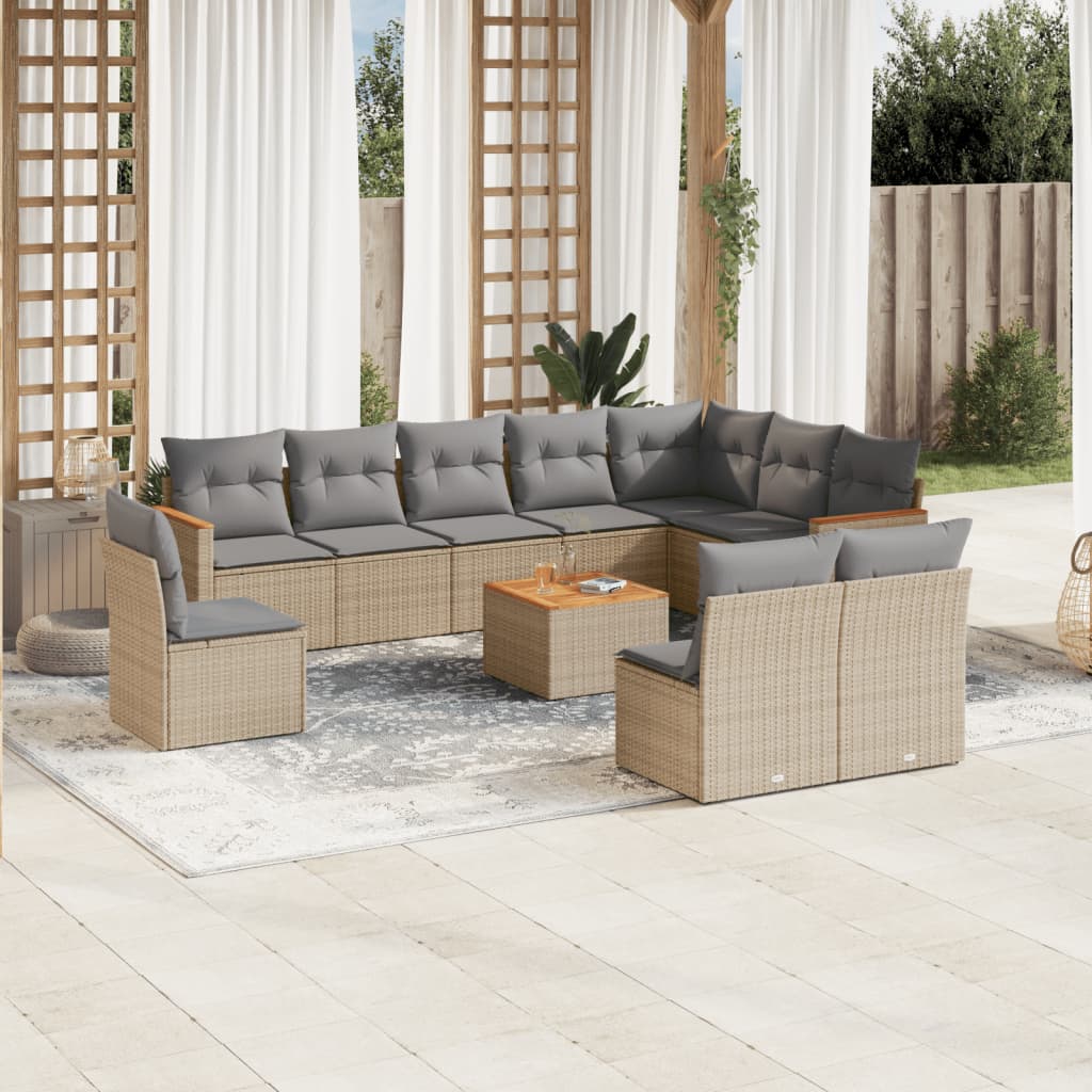 11 Pcs conjunto sofás de jardim c/ almofadões vime PE bege