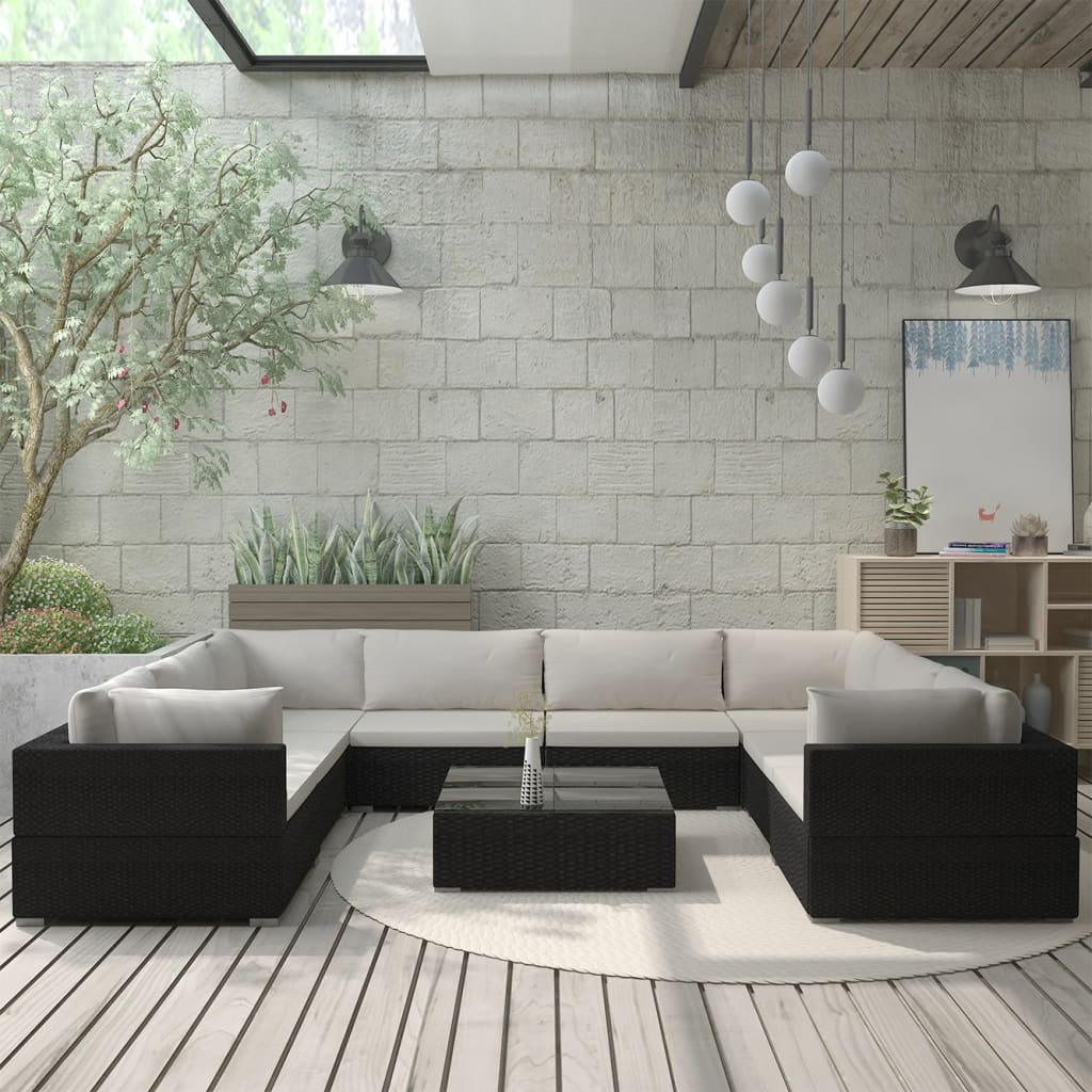 9 Pcs conjunto lounge de jardim c/ almofadões vime PE preto
