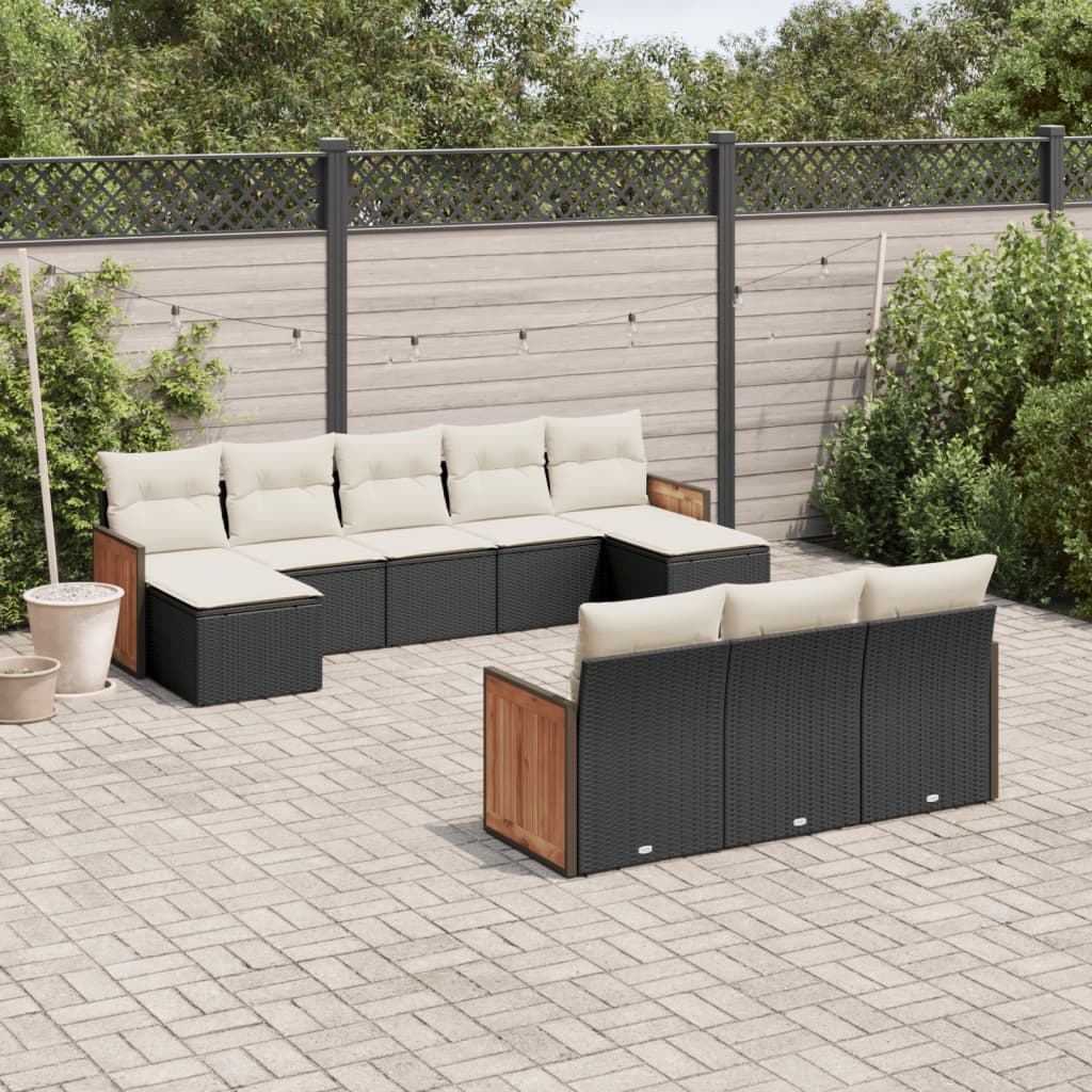10 Pcs conjunto sofás de jardim c/ almofadões vime PE preto