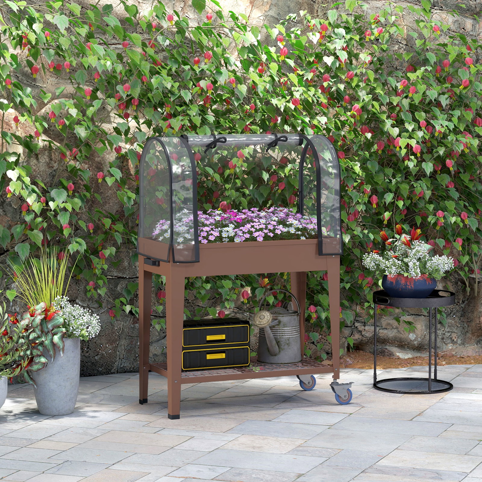 Mesa de cultivo com rodas 80x40x120 cm horta urbana elevada com cobertura de estufa para cultivar plantas flores marróm