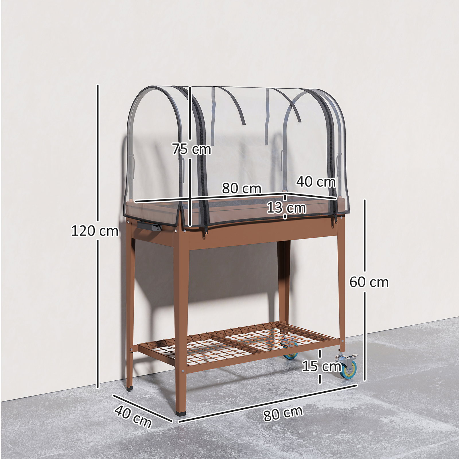 Mesa de cultivo com rodas 80x40x120 cm horta urbana elevada com cobertura de estufa para cultivar plantas flores marróm