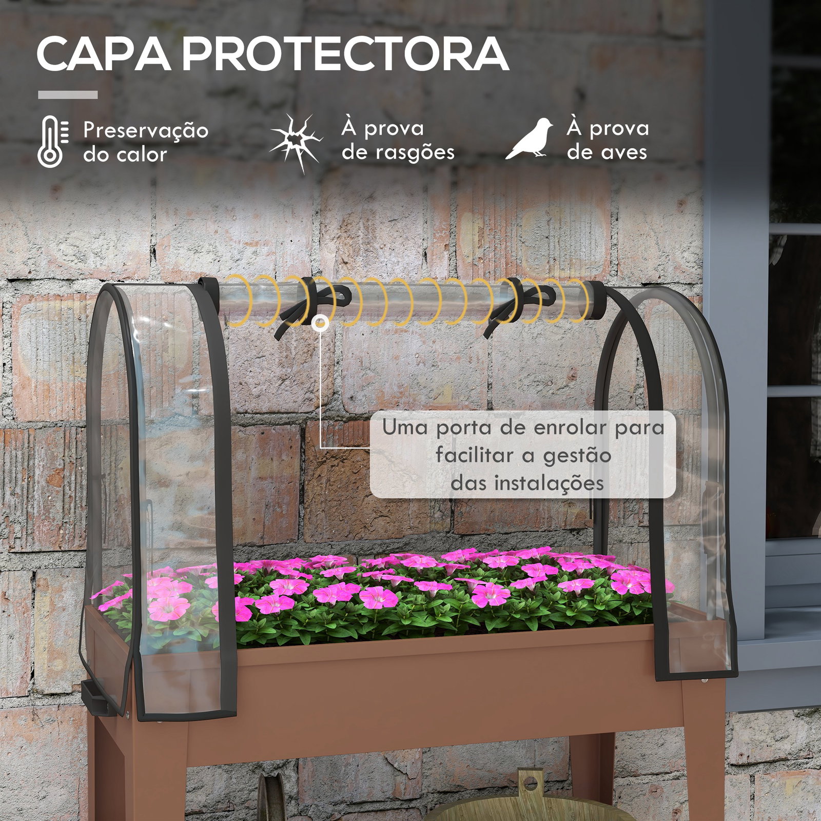 Mesa de cultivo com rodas 80x40x120 cm horta urbana elevada com cobertura de estufa para cultivar plantas flores marróm