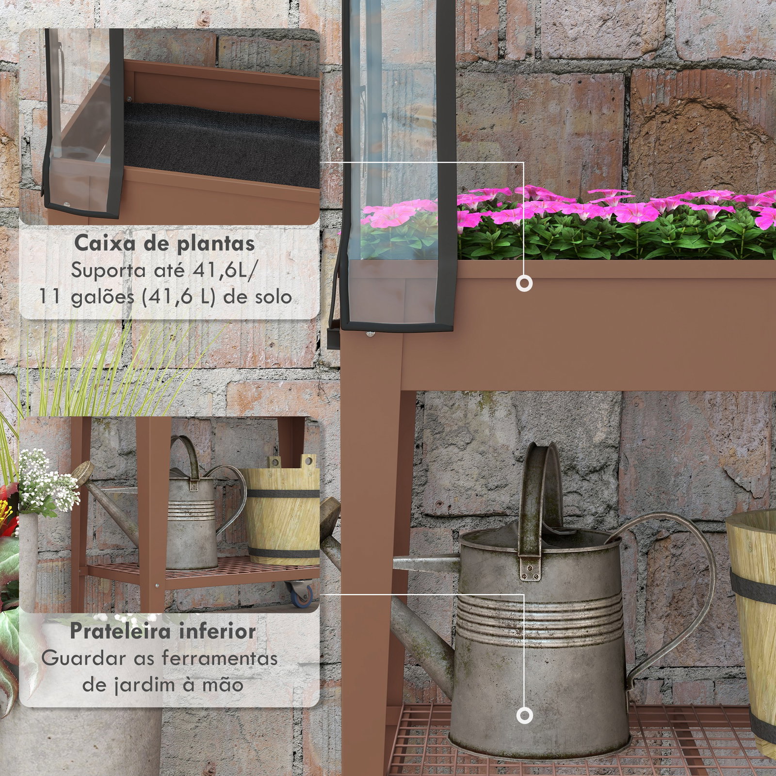 Mesa de cultivo com rodas 80x40x120 cm horta urbana elevada com cobertura de estufa para cultivar plantas flores marróm