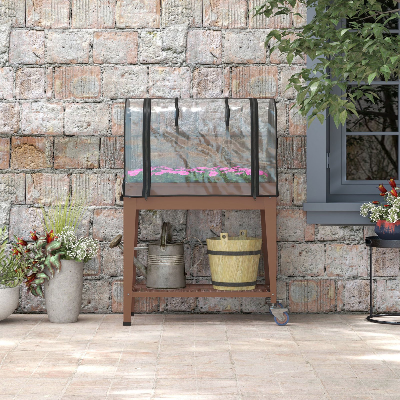 Mesa de cultivo com rodas 80x40x120 cm horta urbana elevada com cobertura de estufa para cultivar plantas flores marróm