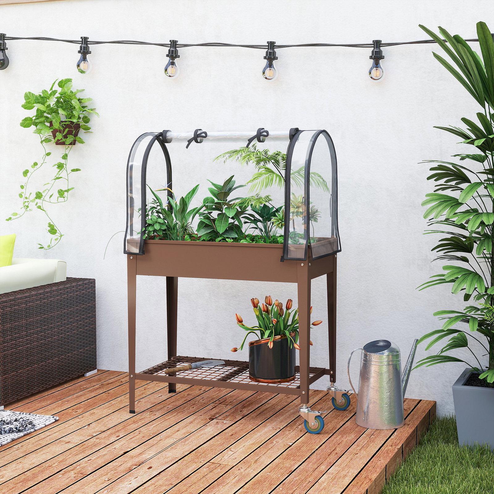 Mesa de cultivo com rodas 80x40x120 cm horta urbana elevada com cobertura de estufa para cultivar plantas flores marróm