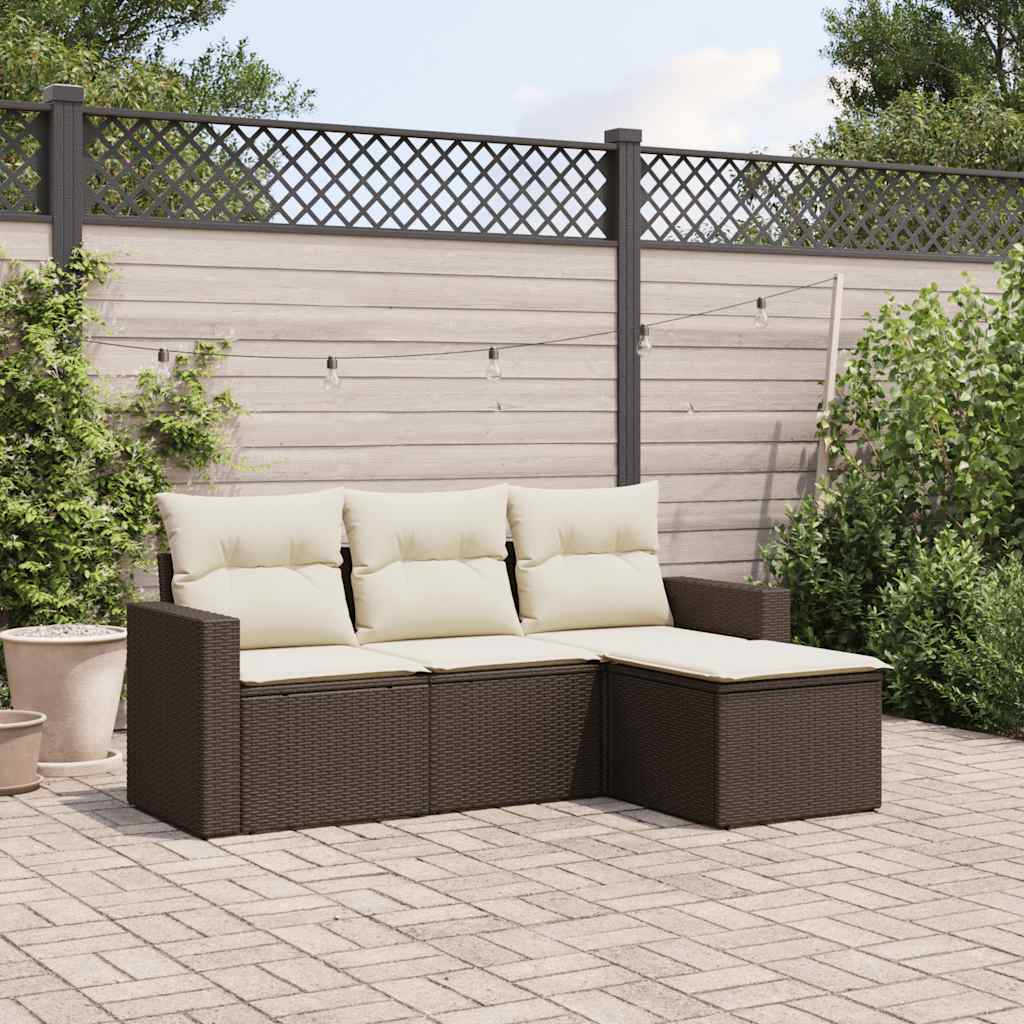 4 Pcs conjunto sofás de jardim c/ almofadões vime PE castanho