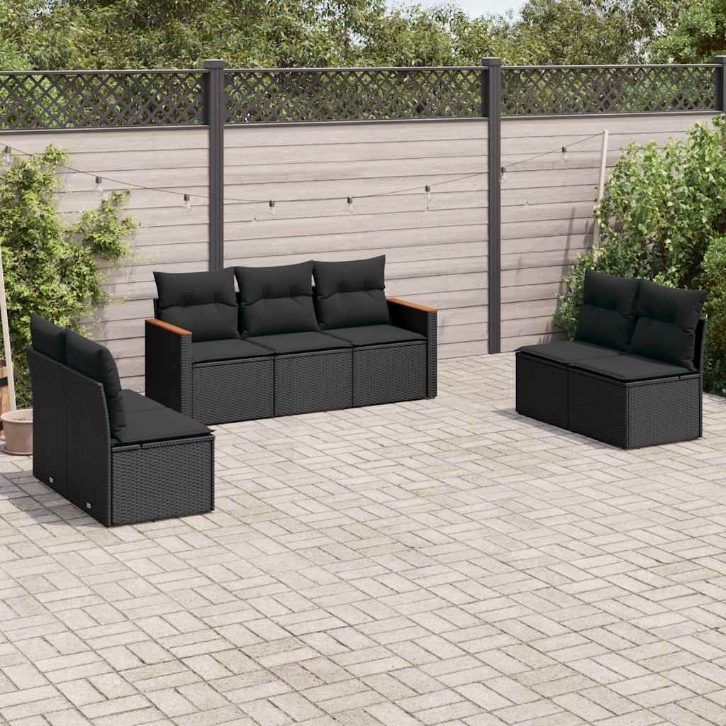 7 Pcs conjunto de sofás p/ jardim c/ almofadões vime PE preto