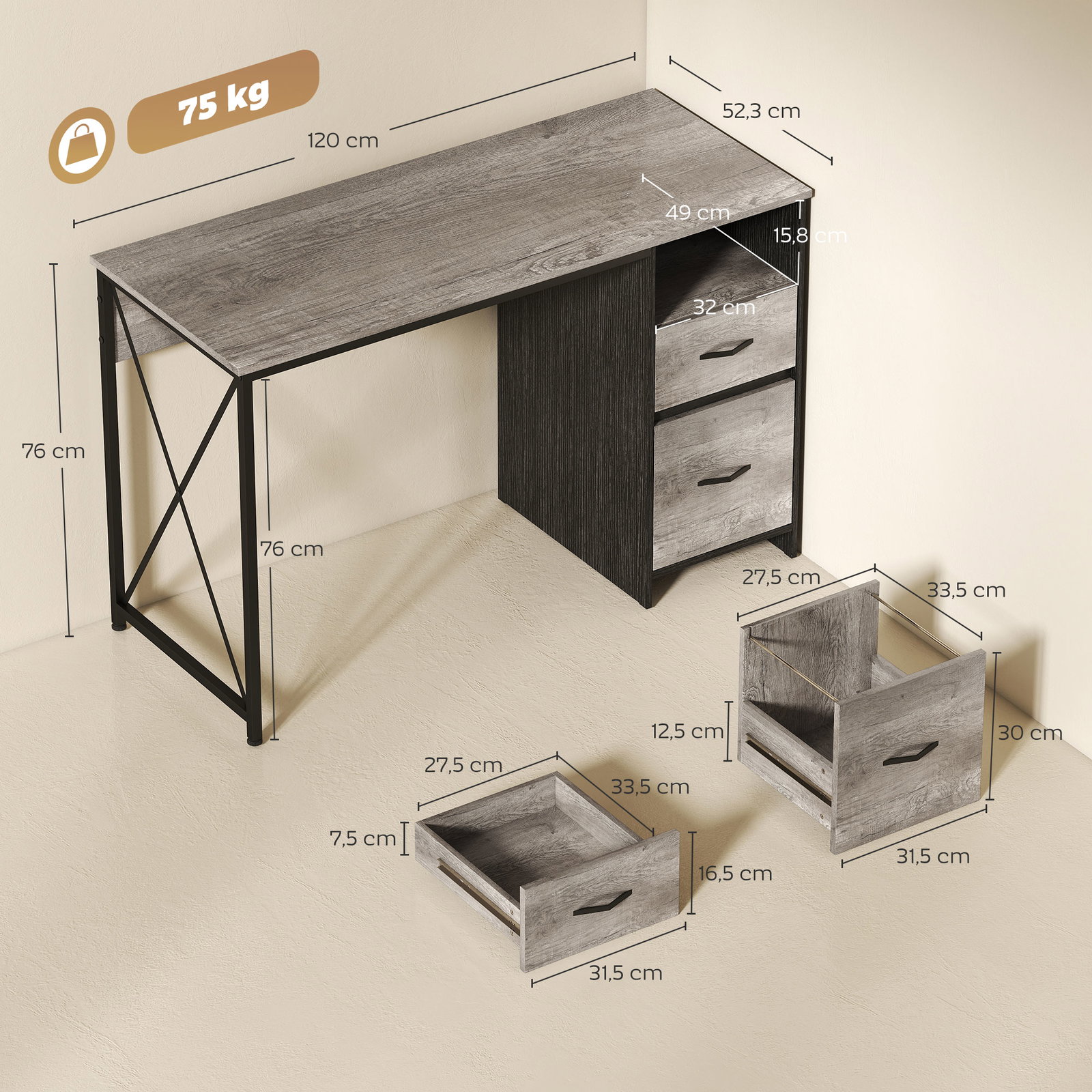 Mesa gaming 120x50 cm secretária gaming industrial com compartimento e 2 gavetas para escritório estúdio cinzento claro