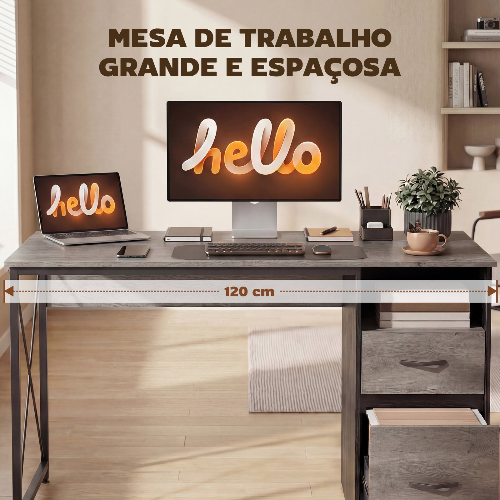 Mesa gaming 120x50 cm secretária gaming industrial com compartimento e 2 gavetas para escritório estúdio cinzento claro