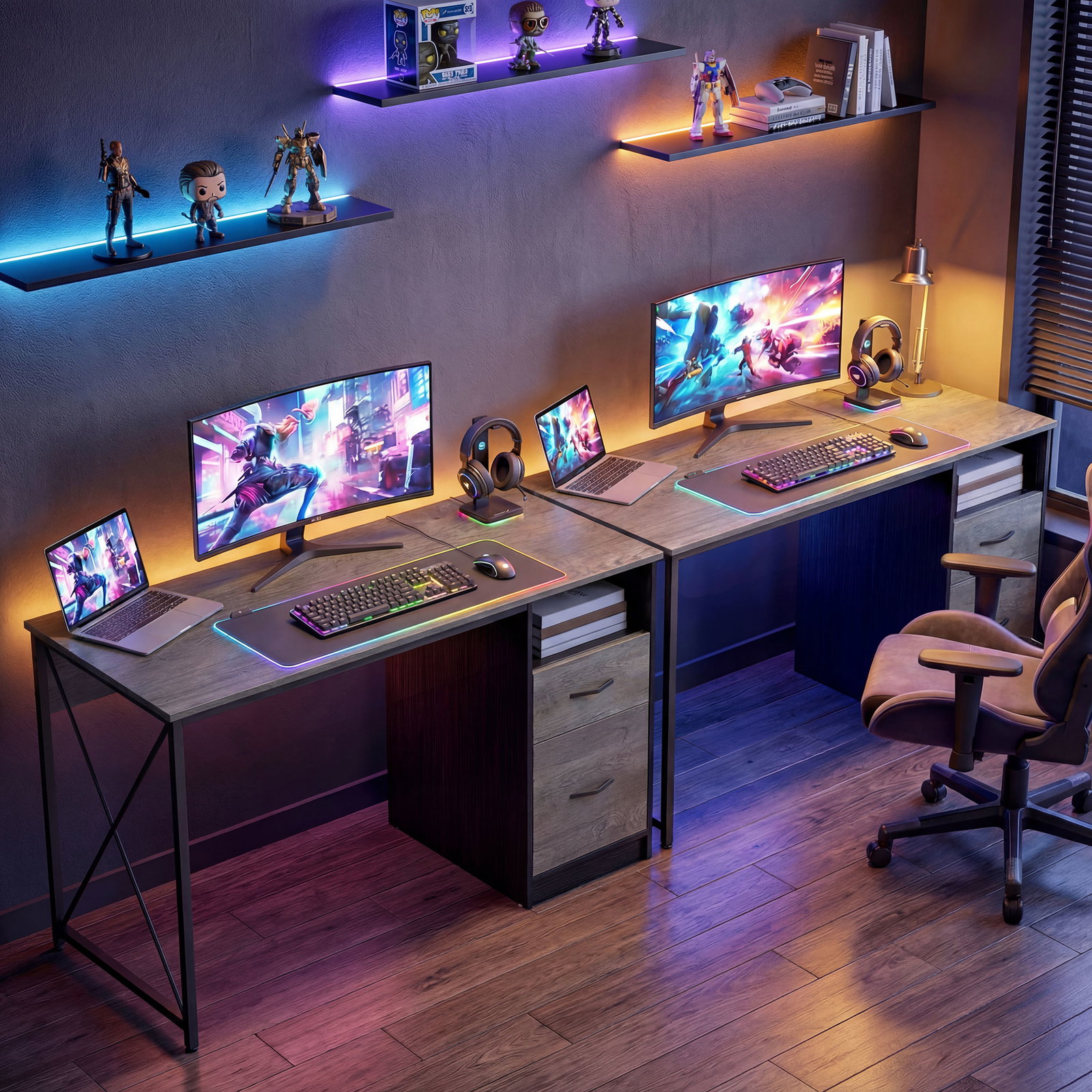 Mesa gaming 120x50 cm secretária gaming industrial com compartimento e 2 gavetas para escritório estúdio cinzento claro