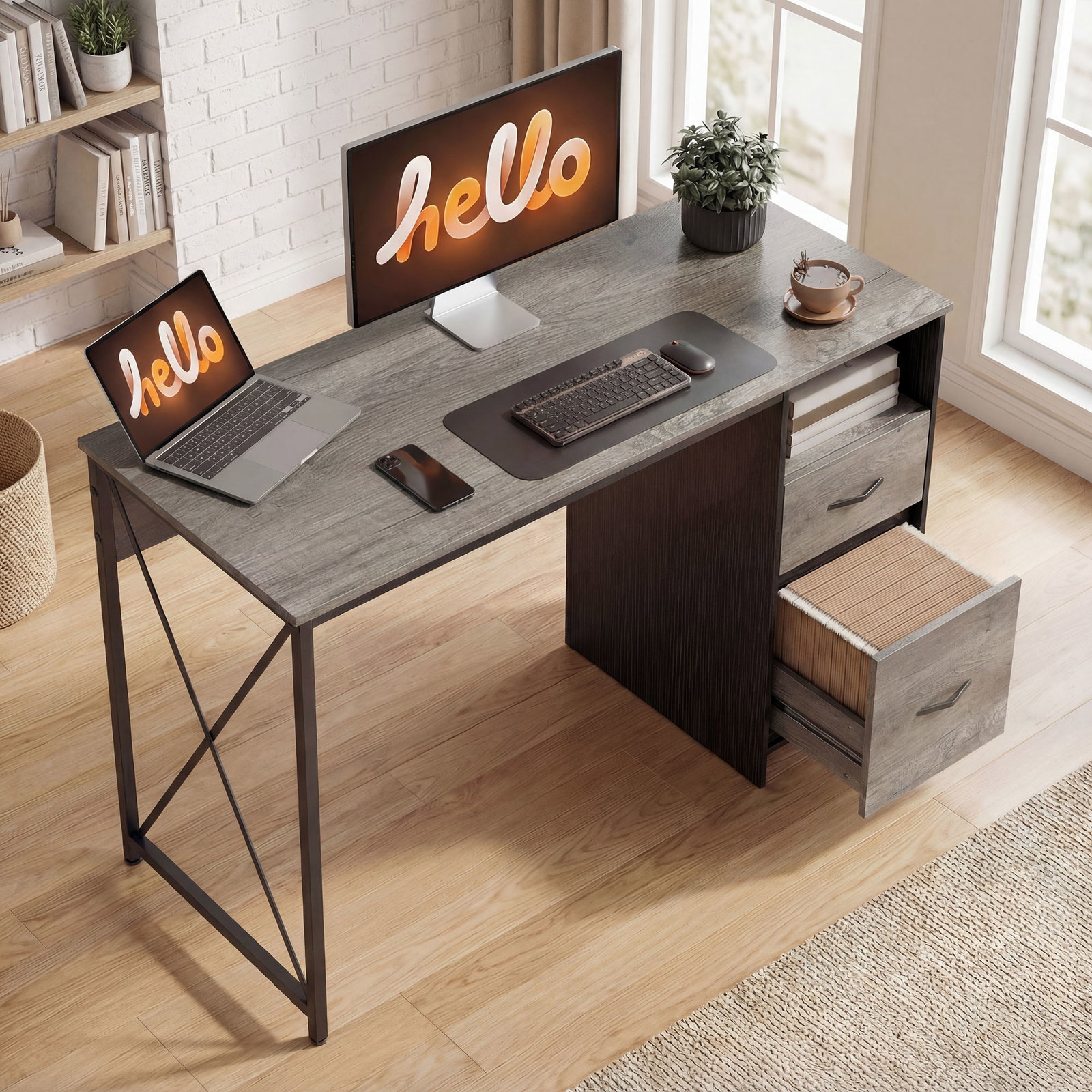 Mesa gaming 120x50 cm secretária gaming industrial com compartimento e 2 gavetas para escritório estúdio cinzento claro