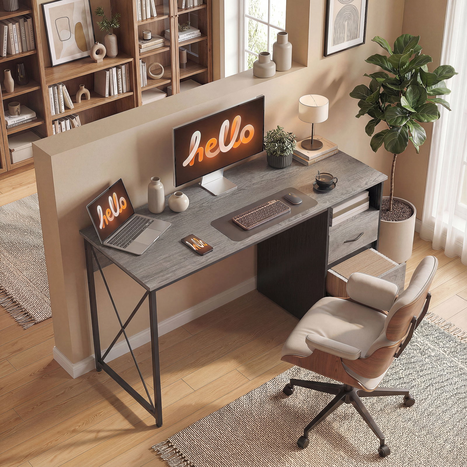 Mesa gaming 120x50 cm secretária gaming industrial com compartimento e 2 gavetas para escritório estúdio cinzento claro