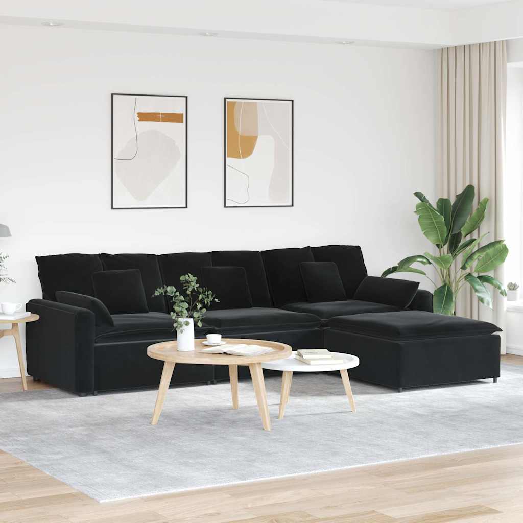 Sofá modular com pufes e almofadas preto
