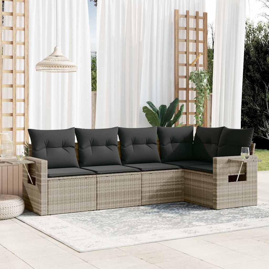 5 Pcs conj. sofás jardim c/ almofadões vime PE cinzento-claro