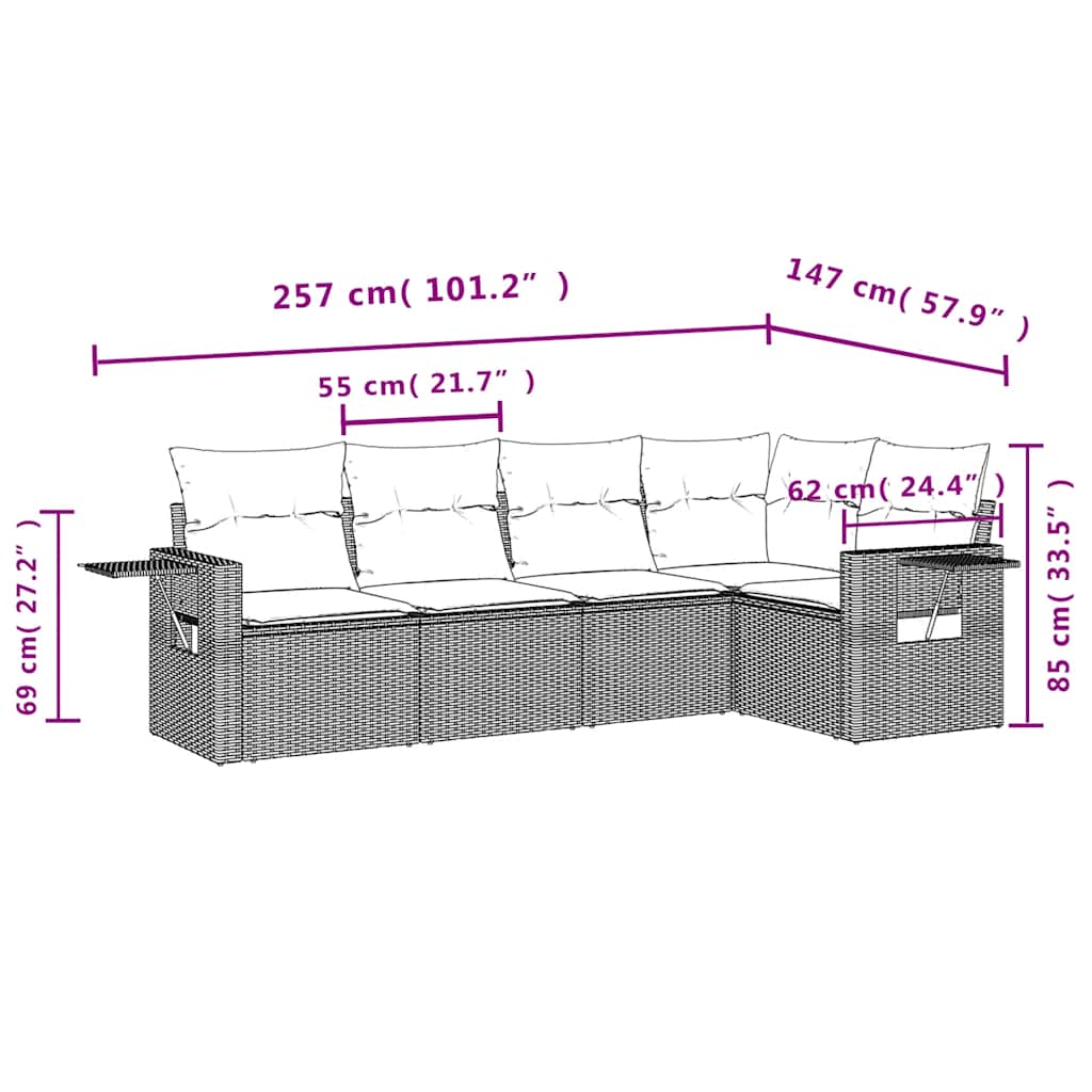 5 Pcs conj. sofás jardim c/ almofadões vime PE cinzento-claro