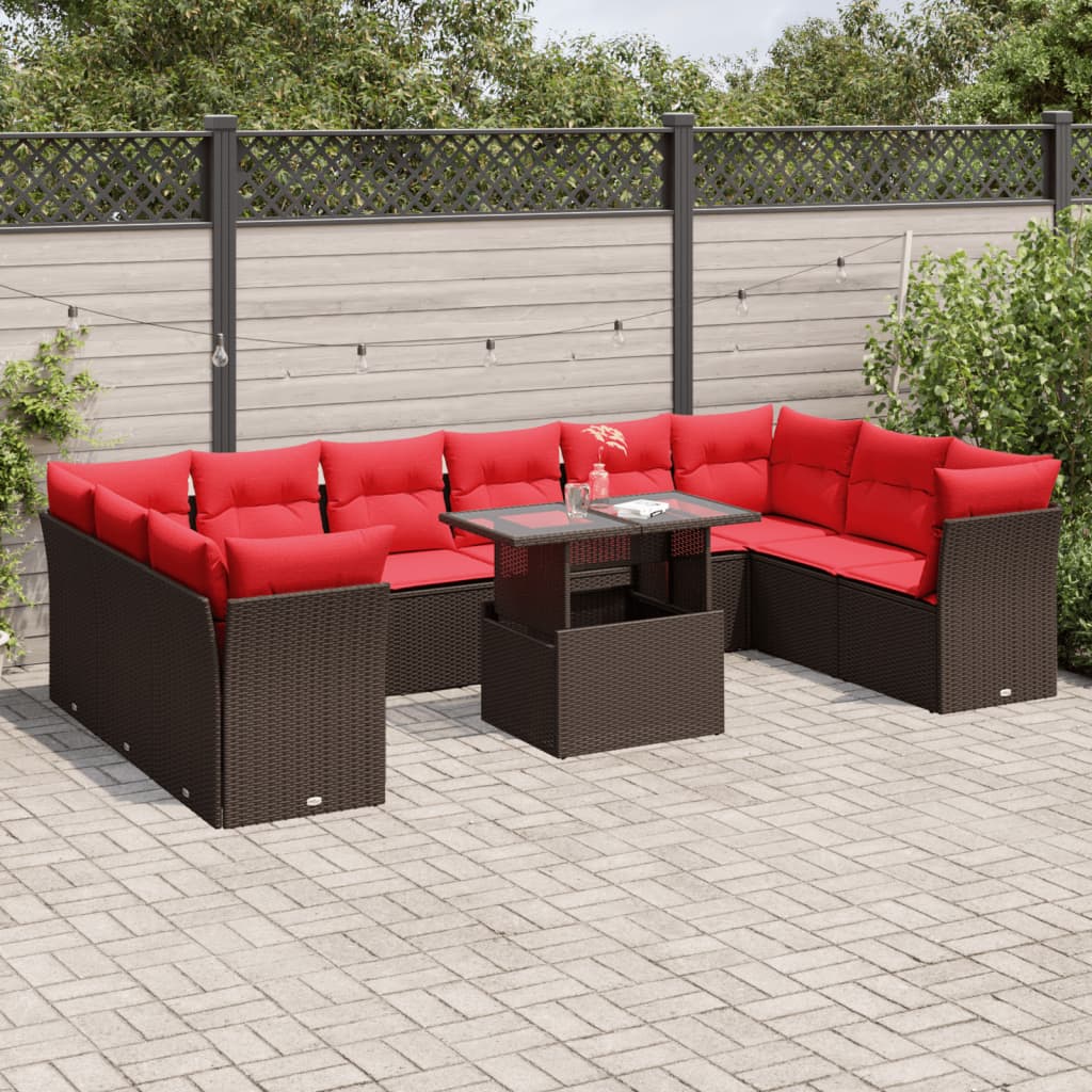 Conjunto de sofá de jardim com 11 peças e almofadas em rattan sintético marrom