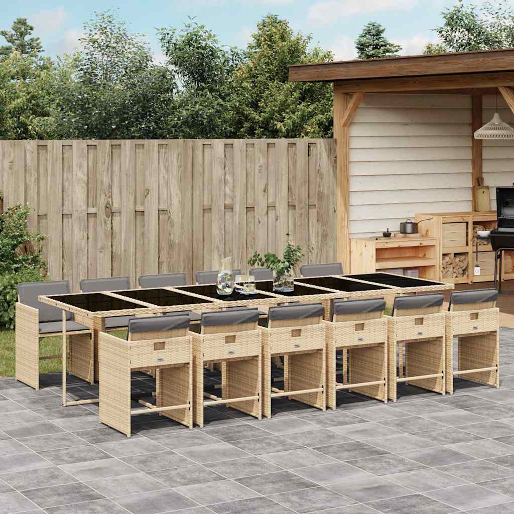 13 Pcs conj. jantar jardim c/ almofadões vime PE bege misturado