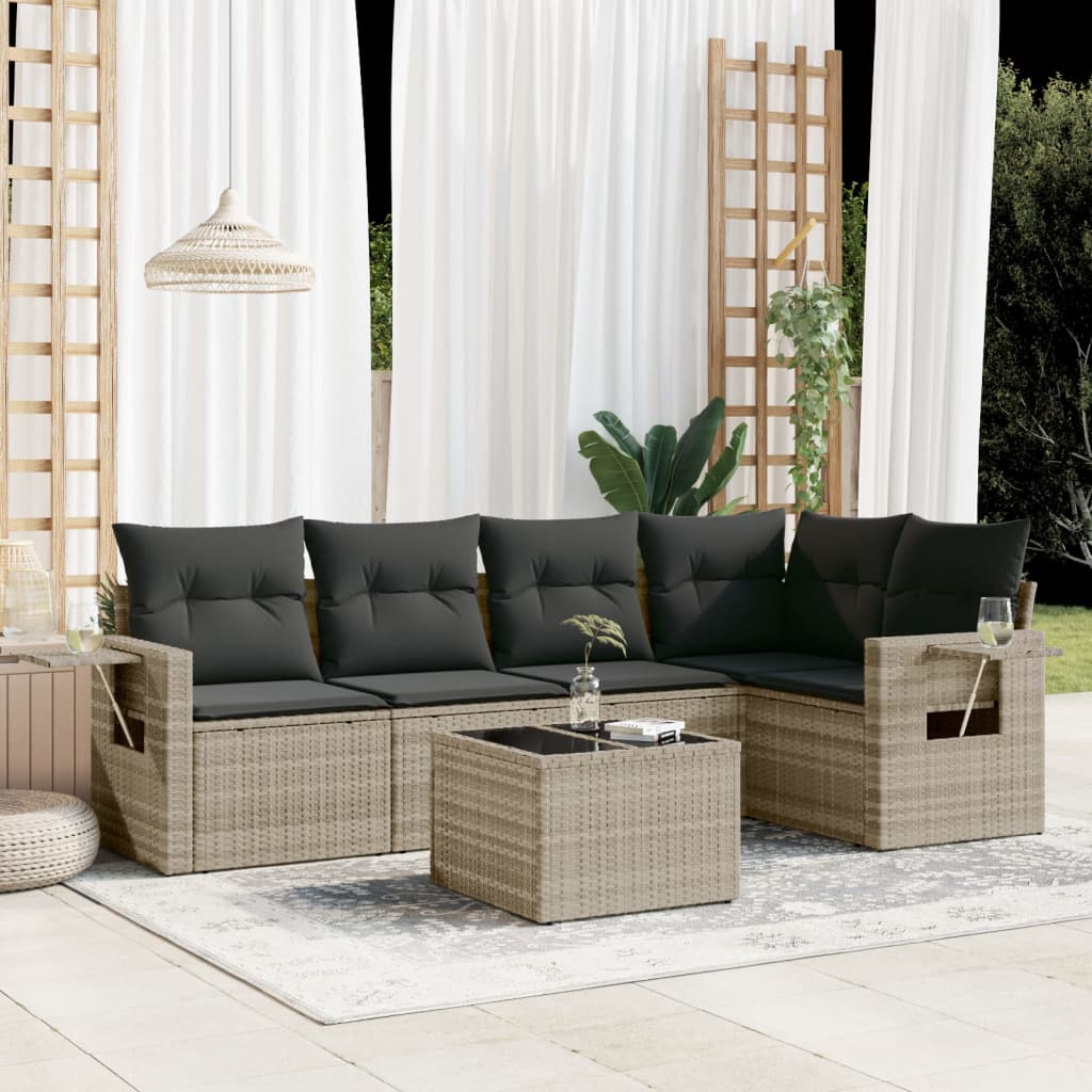 6 Pcs conj. sofás jardim com almofadões vime PE cinzento-claro