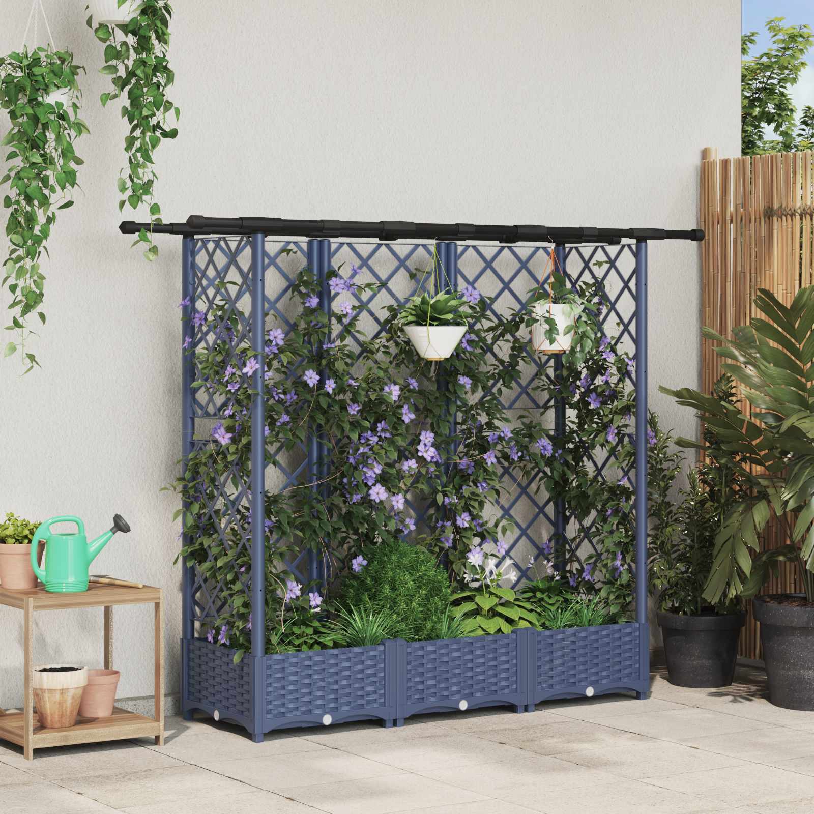 Cama elevada com treliça e telhado cinzento 164 x 40 x 121 cm