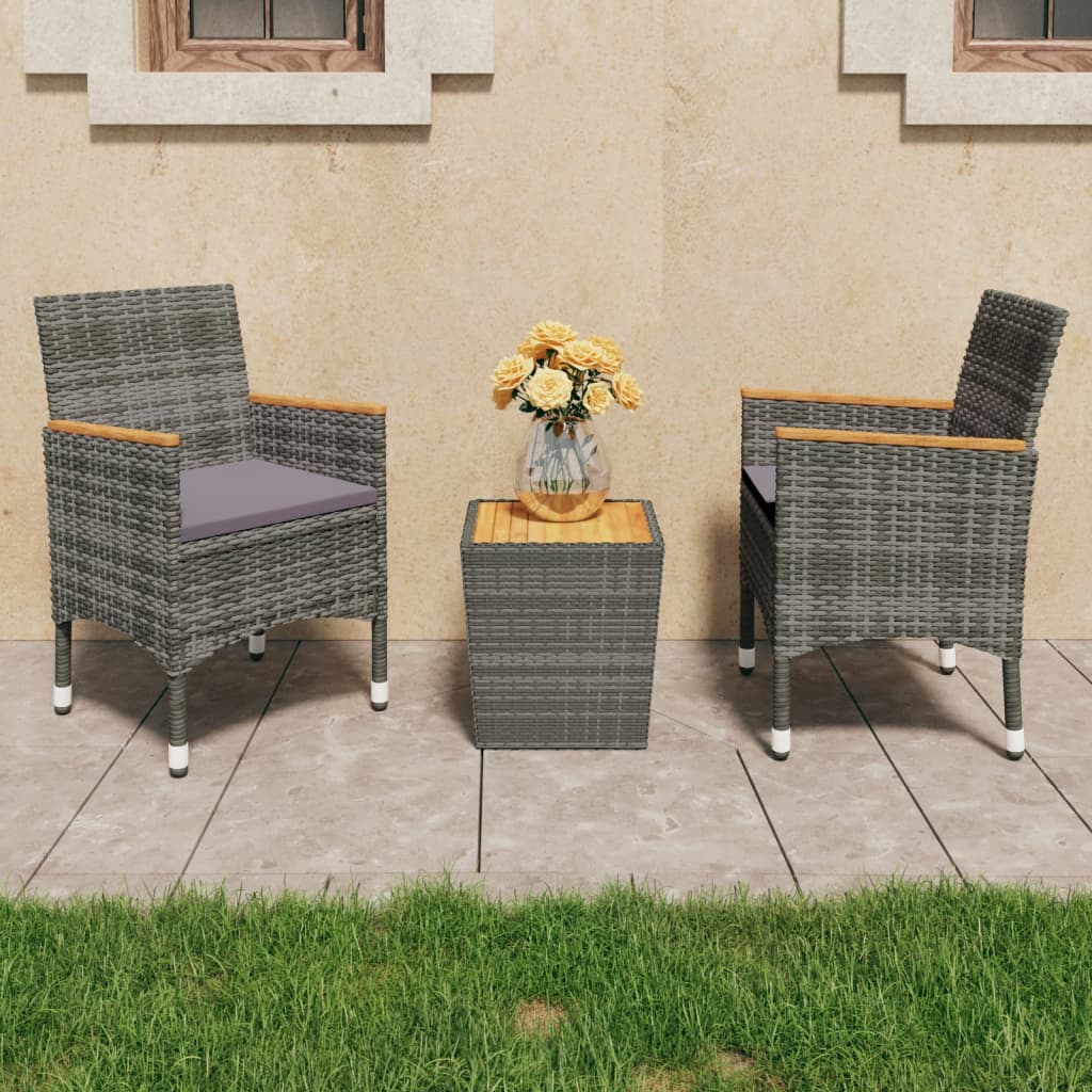 3 Pcs conjunto de bistrô vime PE e madeira de acácia cinzento