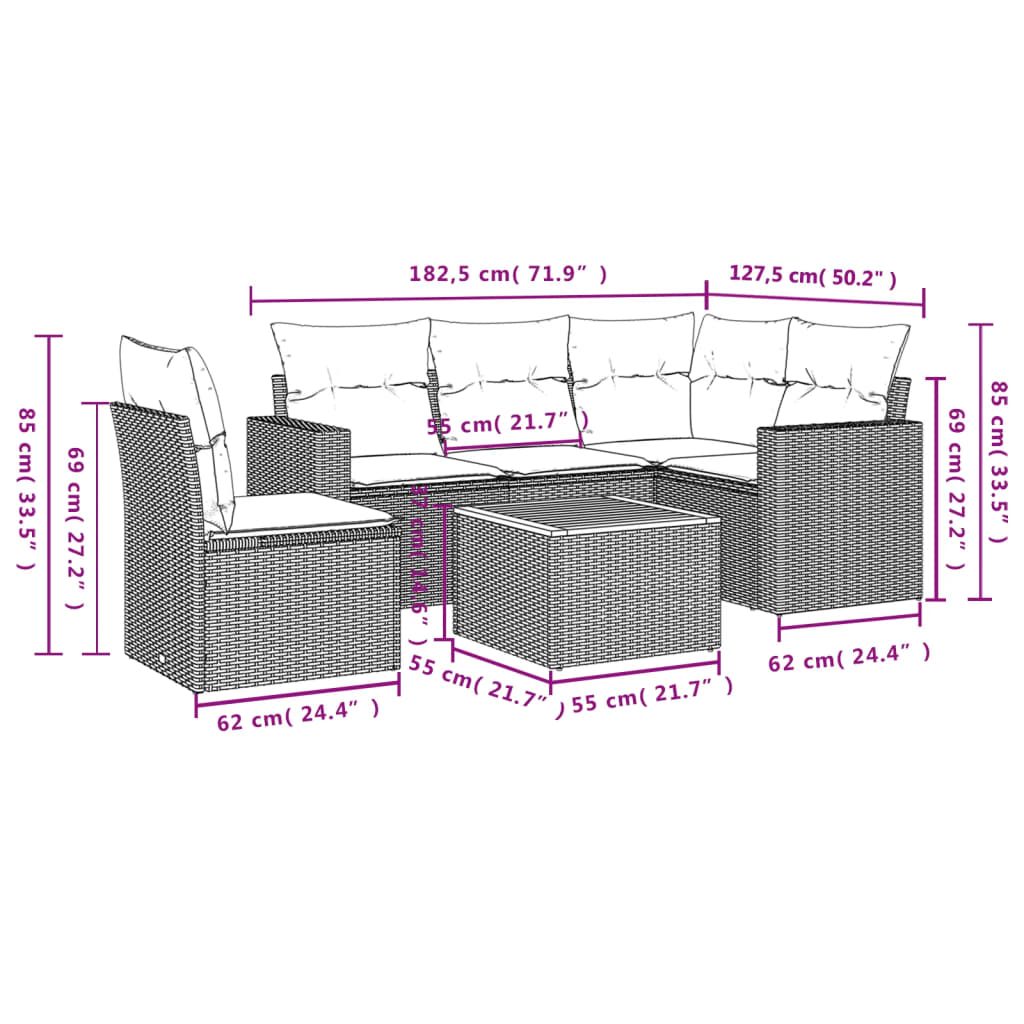 6 Pcs conjunto sofás de jardim c/ almofadões vime PE preto