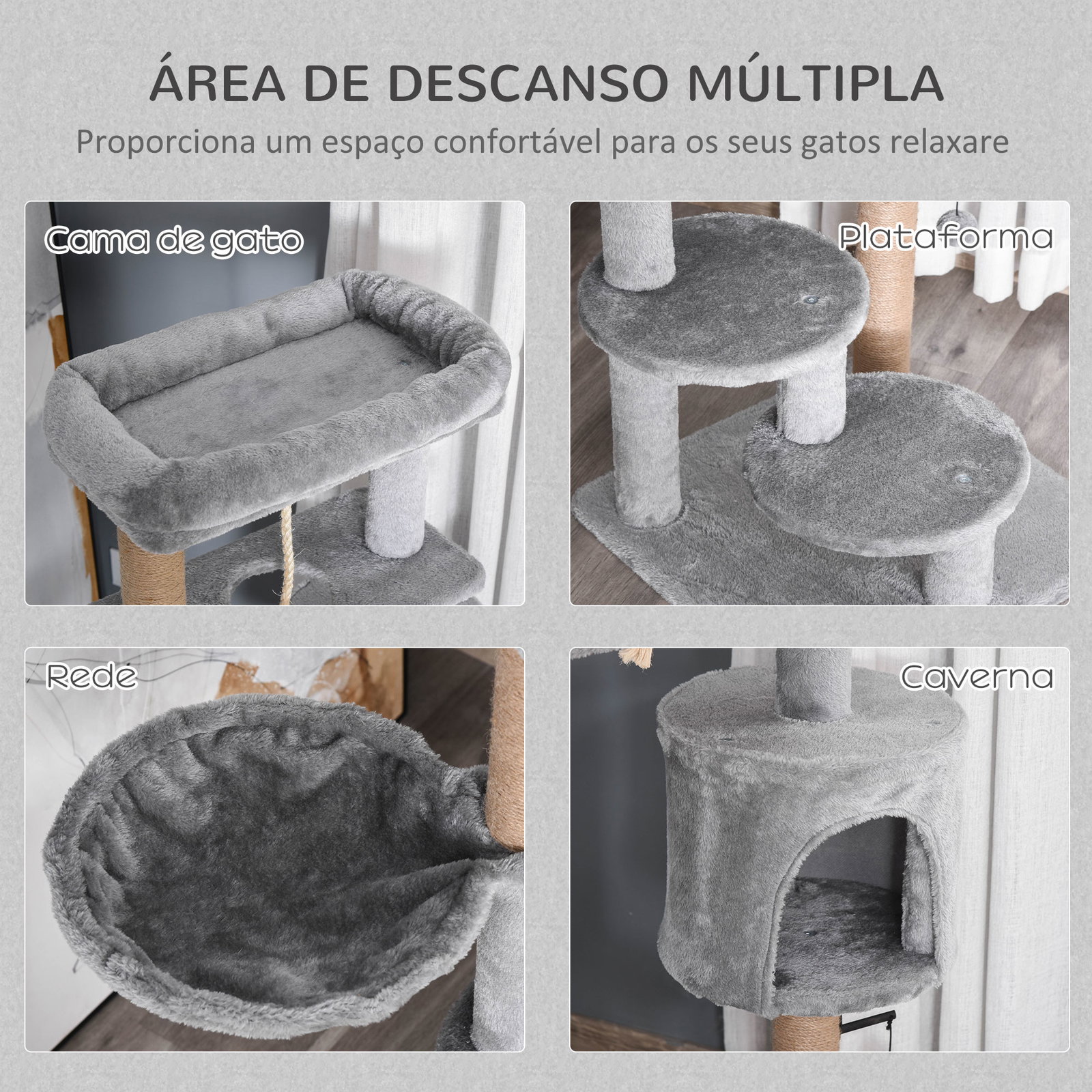Árvore arranhador para gatos com plataforma caverna rede postes de juta corda e bola suspensa 48x48x120 cm cinza