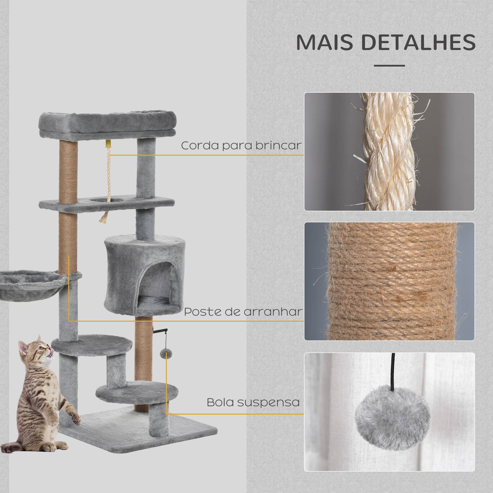 Árvore arranhador para gatos com plataforma caverna rede postes de juta corda e bola suspensa 48x48x120 cm cinza