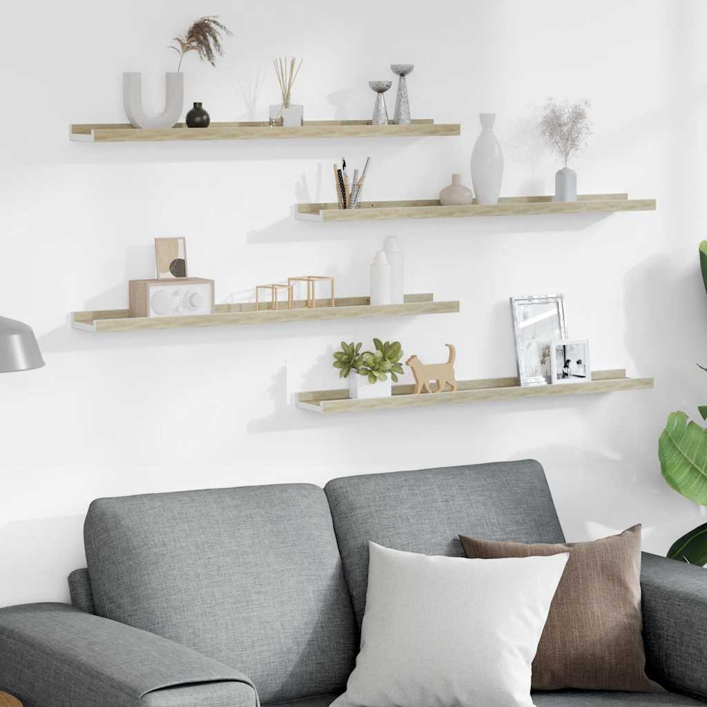 Prateleiras de parede 4 pcs 80x9x3 cm branco e carvalho sonoma