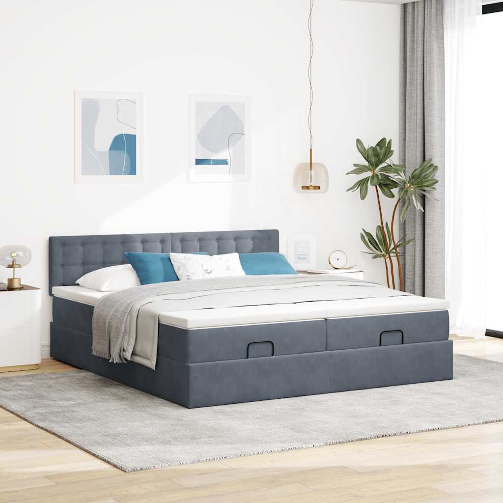 Moldura de cama otomana com colchão cinza escuro veludo