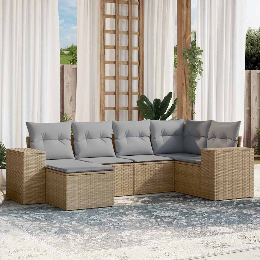 6 Pcs conjunto de sofás p/ jardim com almofadões vime PE bege
