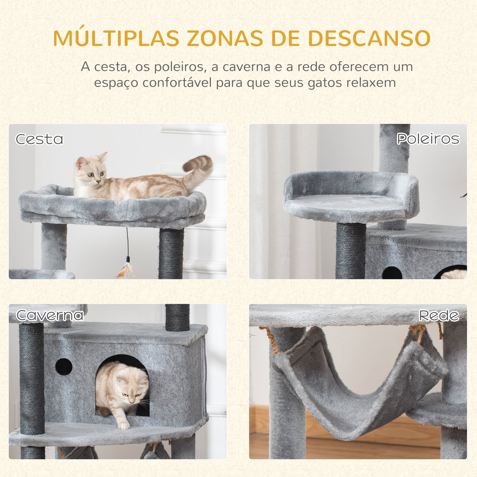 Árvore Arranhadora para Gatos 48x48x107cm com Caverna de Feltro Desmontável Rede Camas de Felpa Múltiplas Plataformas Poste Arra