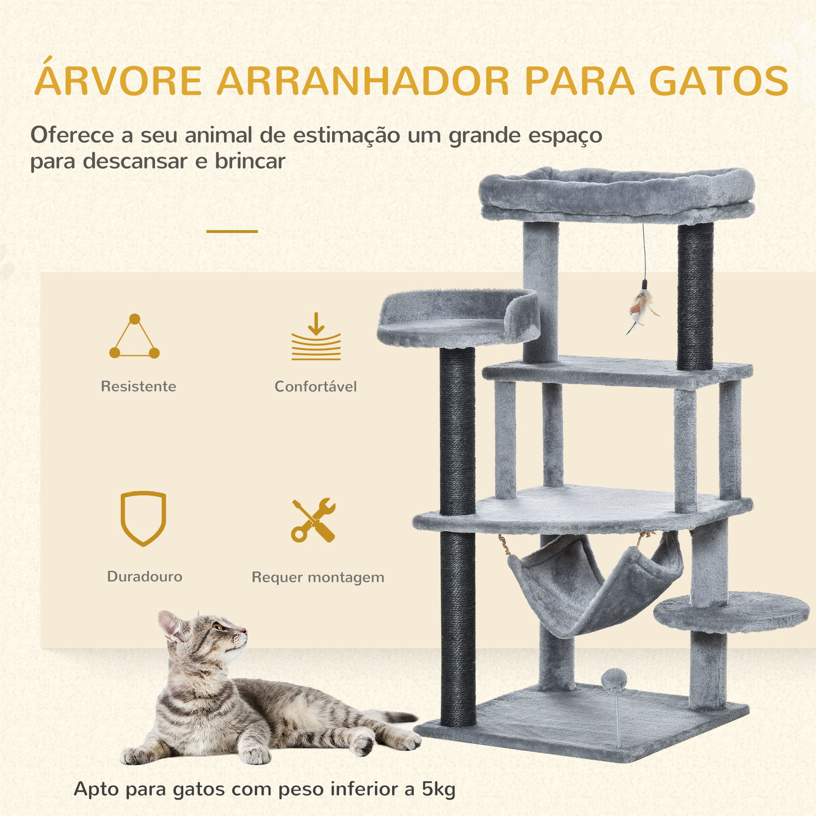 Árvore Arranhadora para Gatos 48x48x107cm com Caverna de Feltro Desmontável Rede Camas de Felpa Múltiplas Plataformas Poste Arra