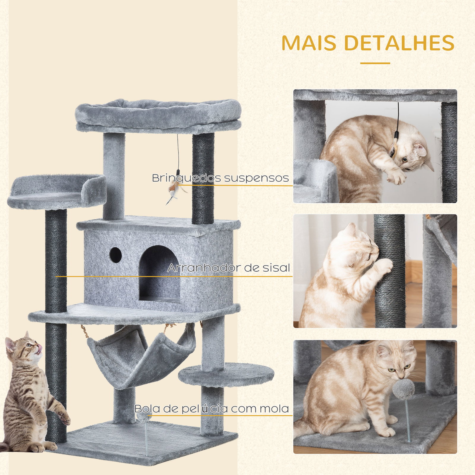 Árvore Arranhadora para Gatos 48x48x107cm com Caverna de Feltro Desmontável Rede Camas de Felpa Múltiplas Plataformas Poste Arra