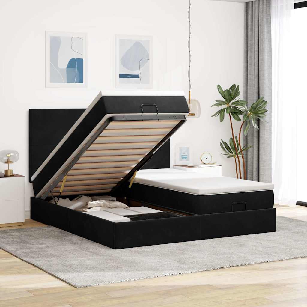 Estrutura de cama otomana com colchões 200x200cm veludo preto