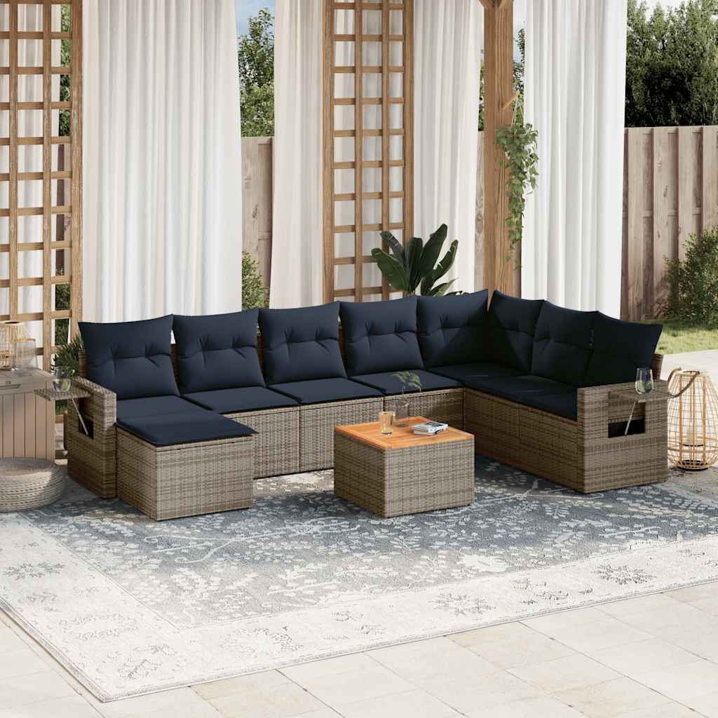 Conjunto de sofá de jardim de 9 peças com almofadas em rattan sintético cinza
