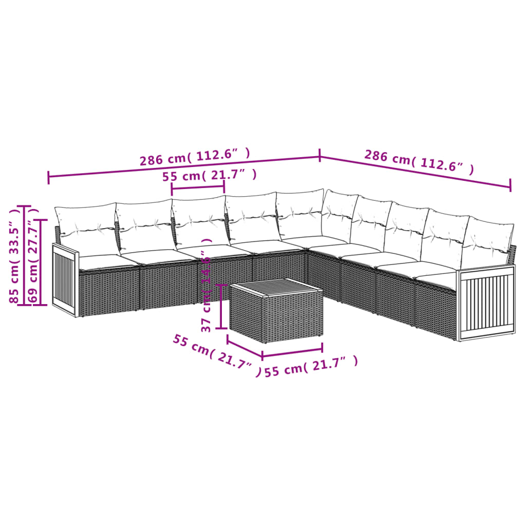 10 Pcs conjunto sofás de jardim c/ almofadões vime PE cinzento